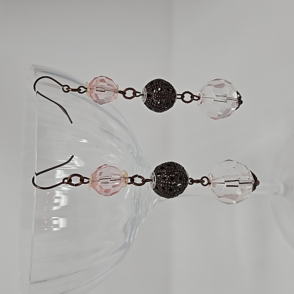Dangle Earrings Faceted Beads Pink Clear Filagree Antique Gold Tone